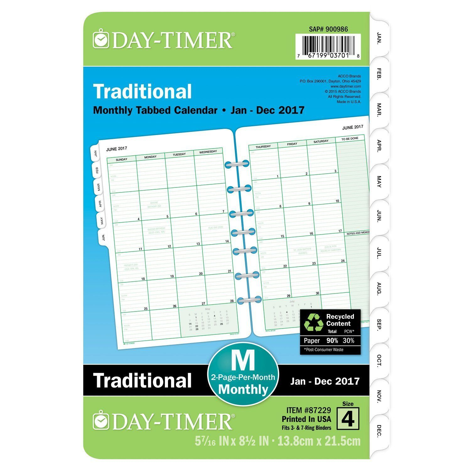 day timer monthly planner refill 2017, 5 1/2 x 8 1/2&quot; only