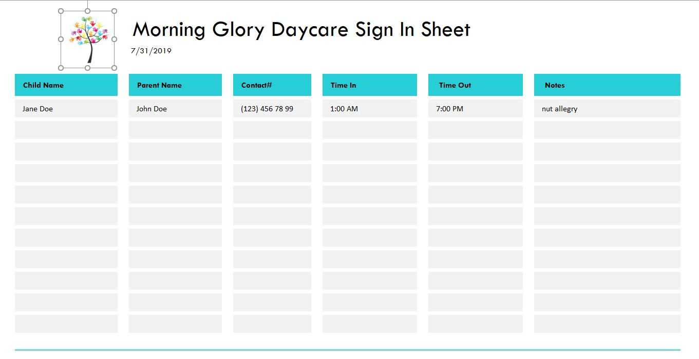 Daycare Sign In Sheet » Exceltemplate