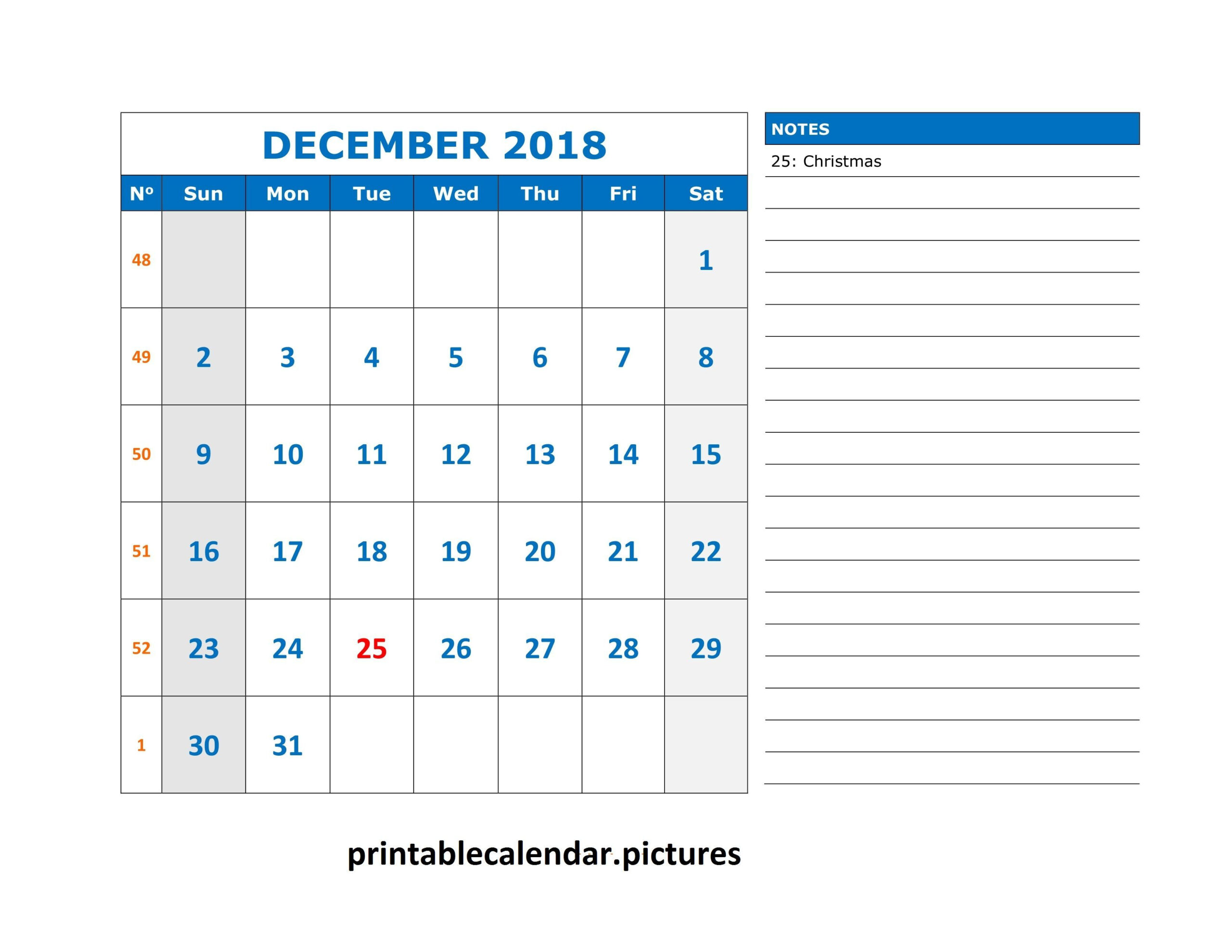 December 2018 Printable Calendar With Note | Calendar