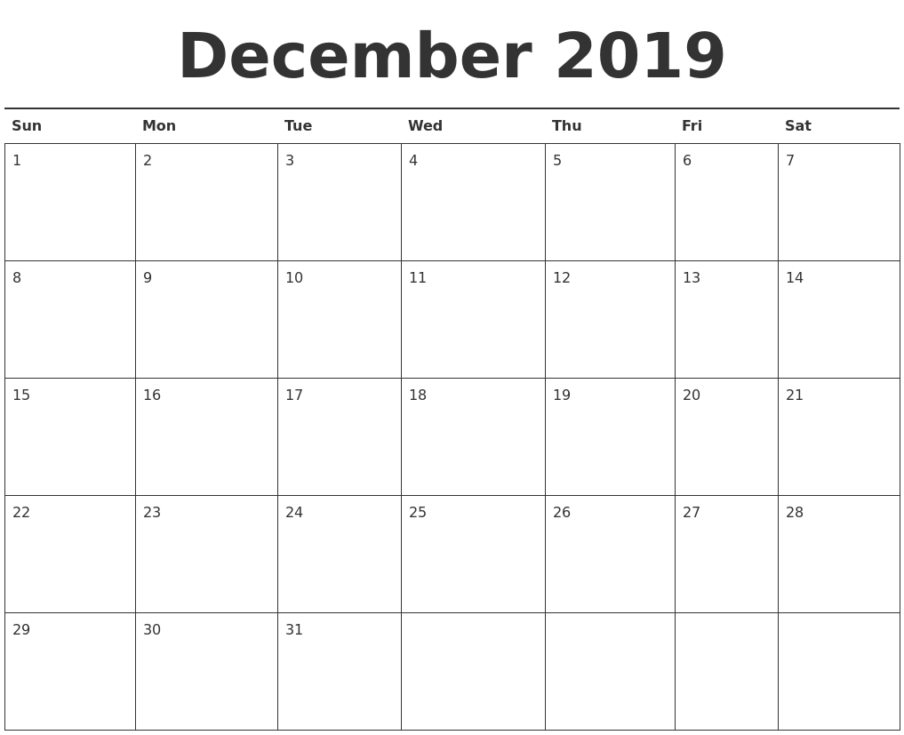 December 2019 Calendar Printable Pdf | Free Printable