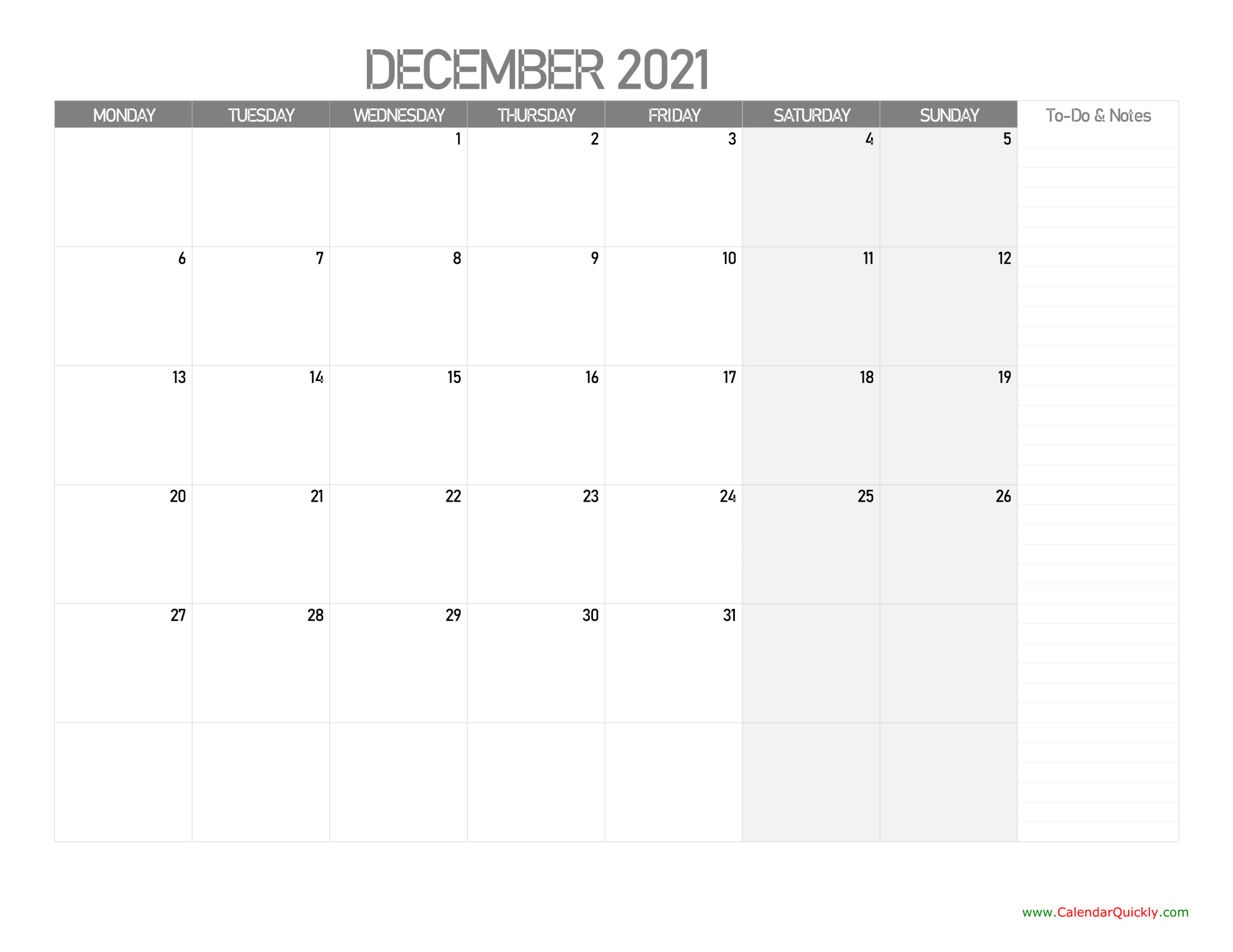 December Monday Calendar 2021 With Notes | Calendar Quickly