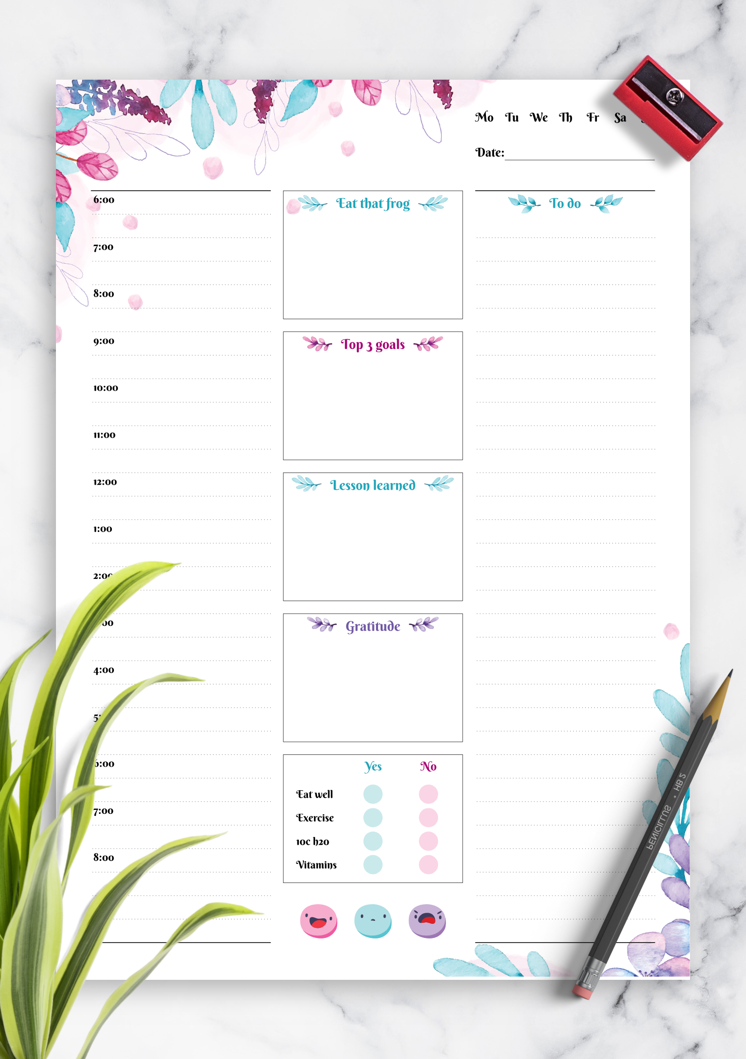 download printable flowered daily hourly planner pdf