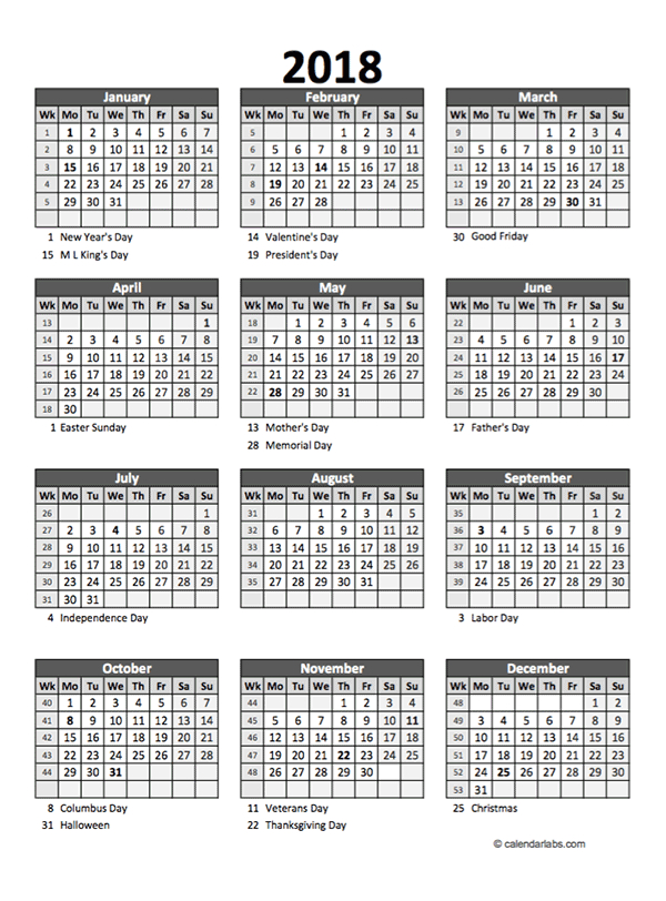 Editable 2018 Yearly Spreadsheet Calendar Free Printable