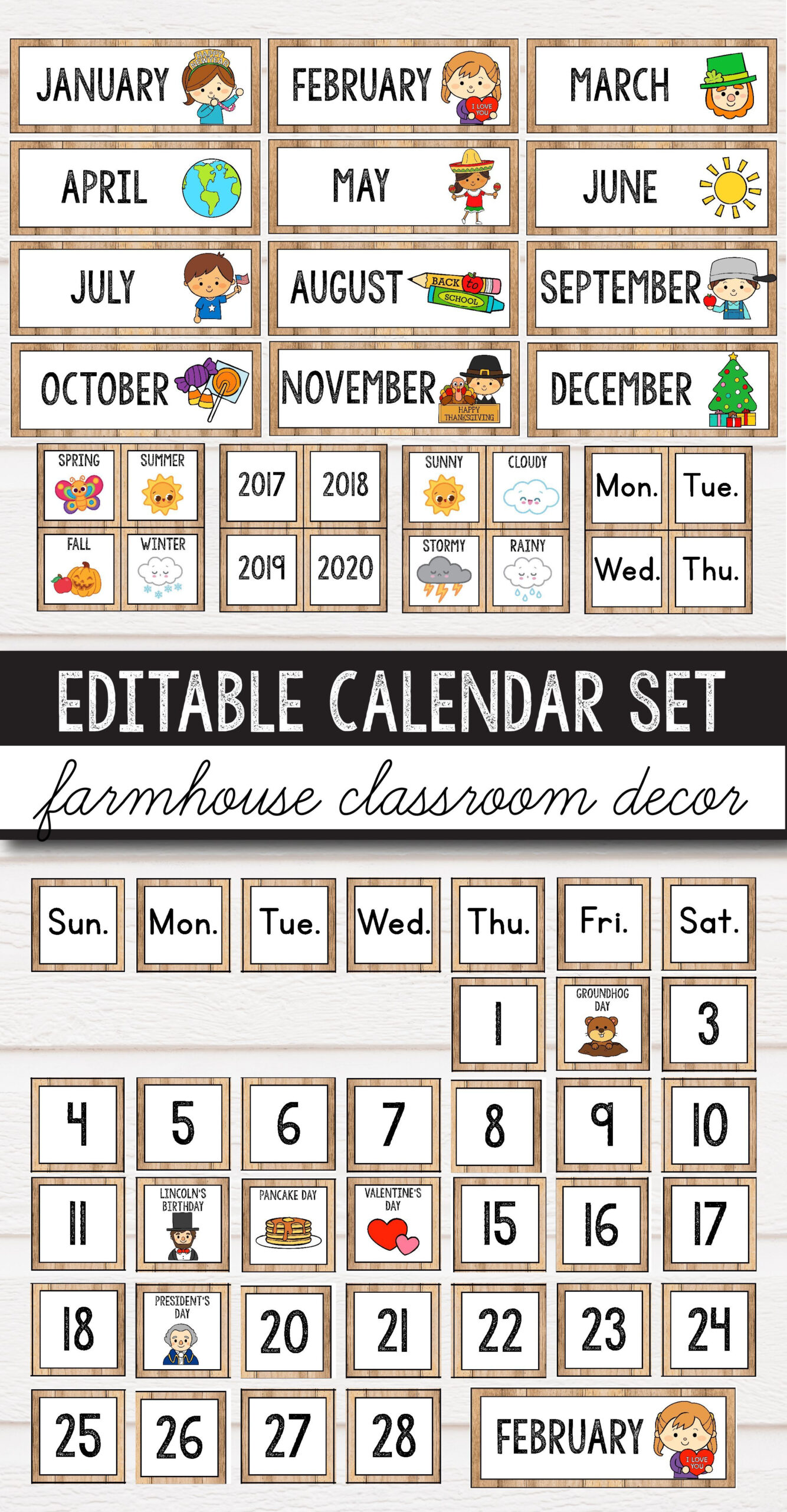Editable Calendar Set Farmhouse Classroom Decor