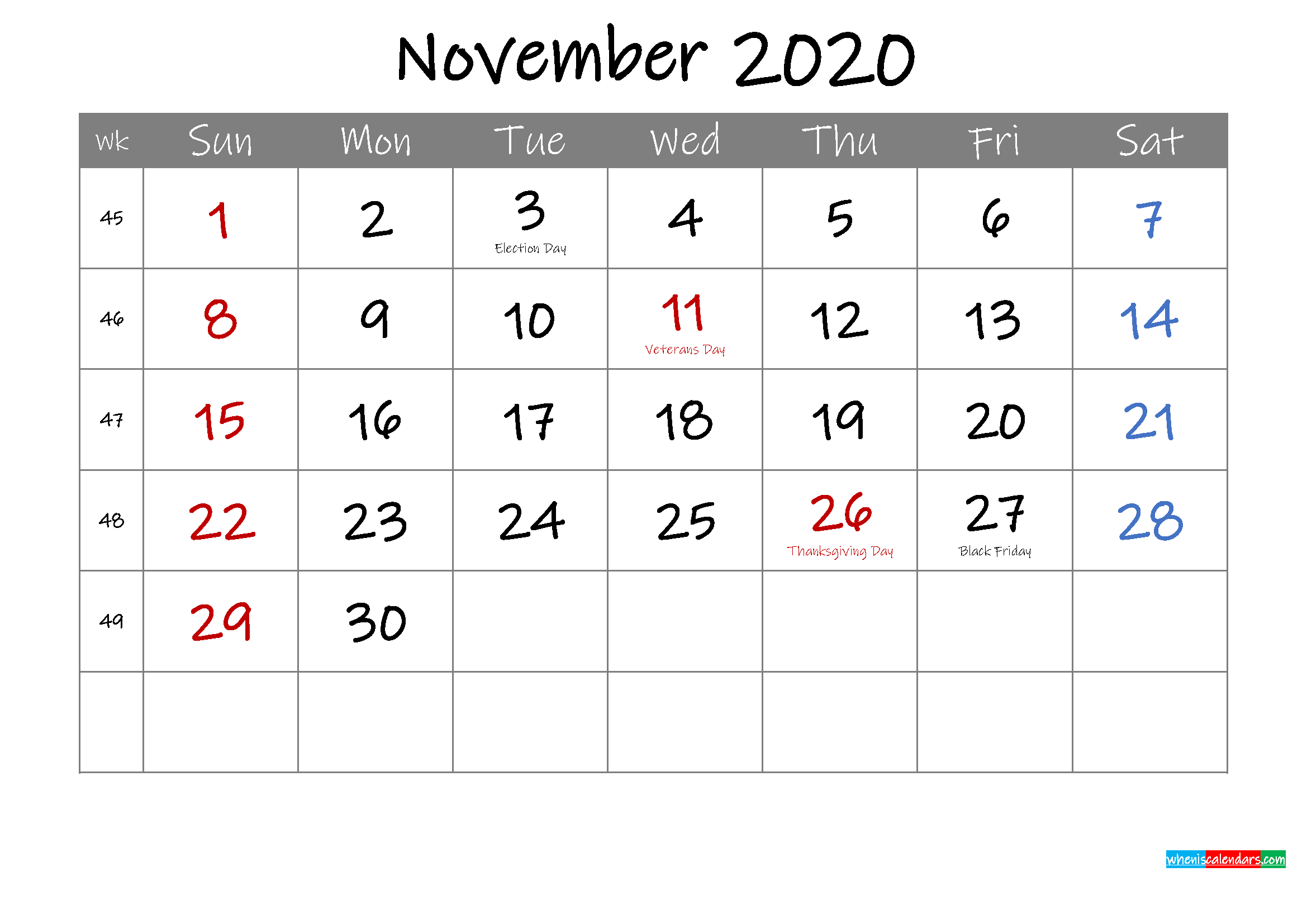 Editable November 2020 Calendar With Holidays Template