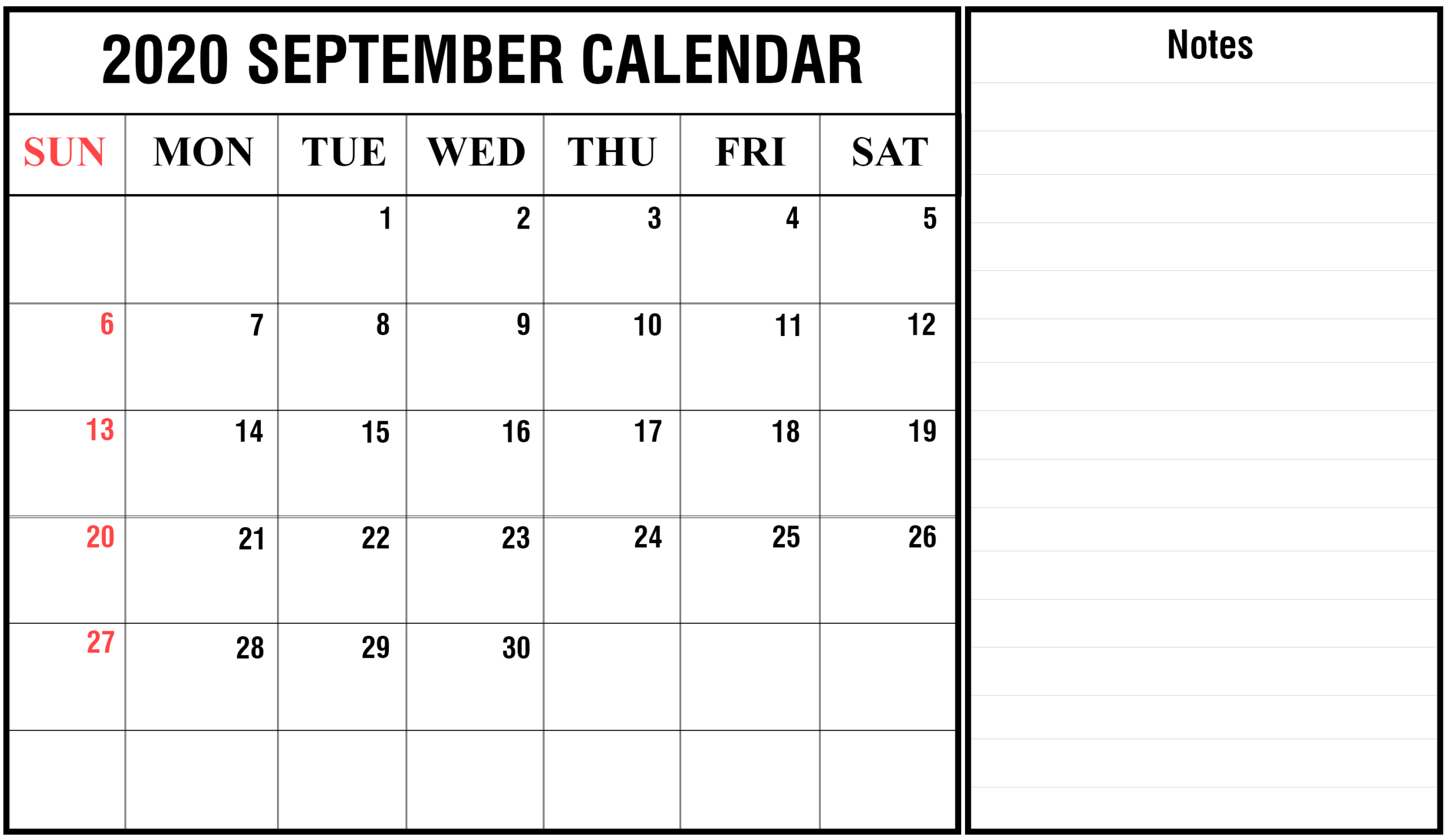 Editable September 2020 Calendar With Notes | Calendar