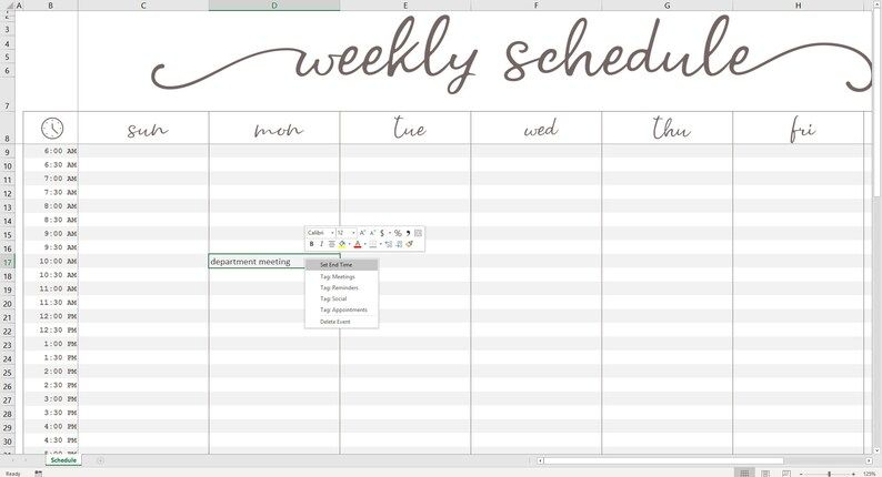 elegant weekly schedule excel template printable weekly | etsy