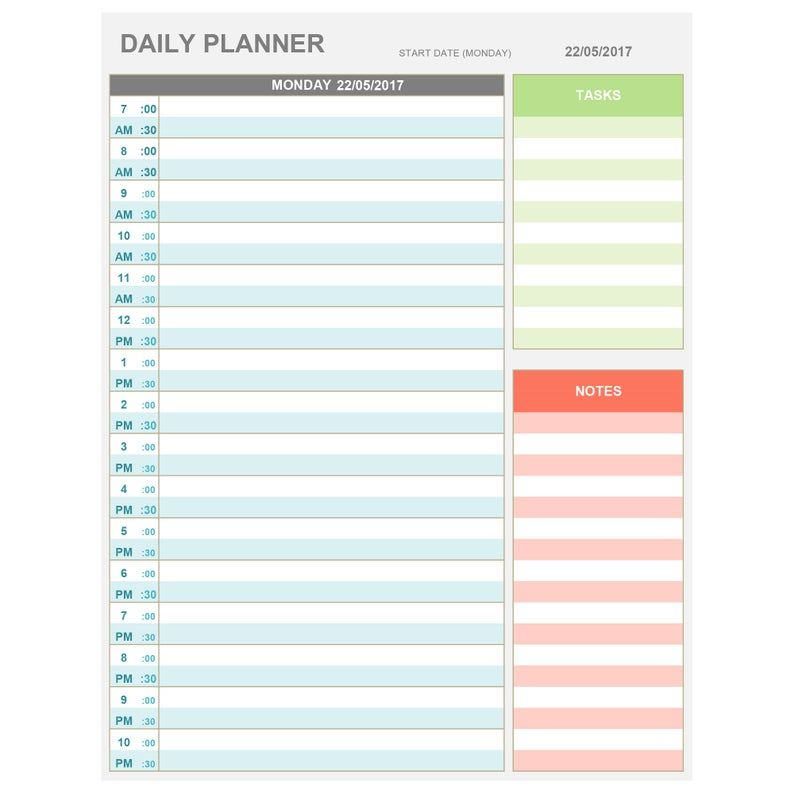 excel daily hourly planner printable &amp; editable daily | etsy