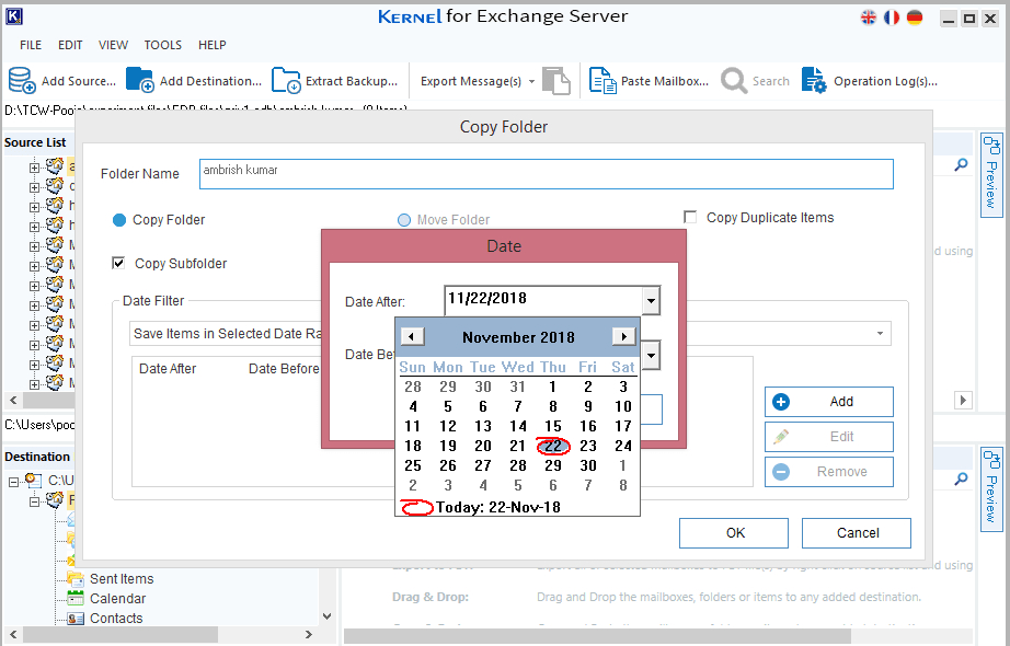 export exchange mailbox for specific date range to pst