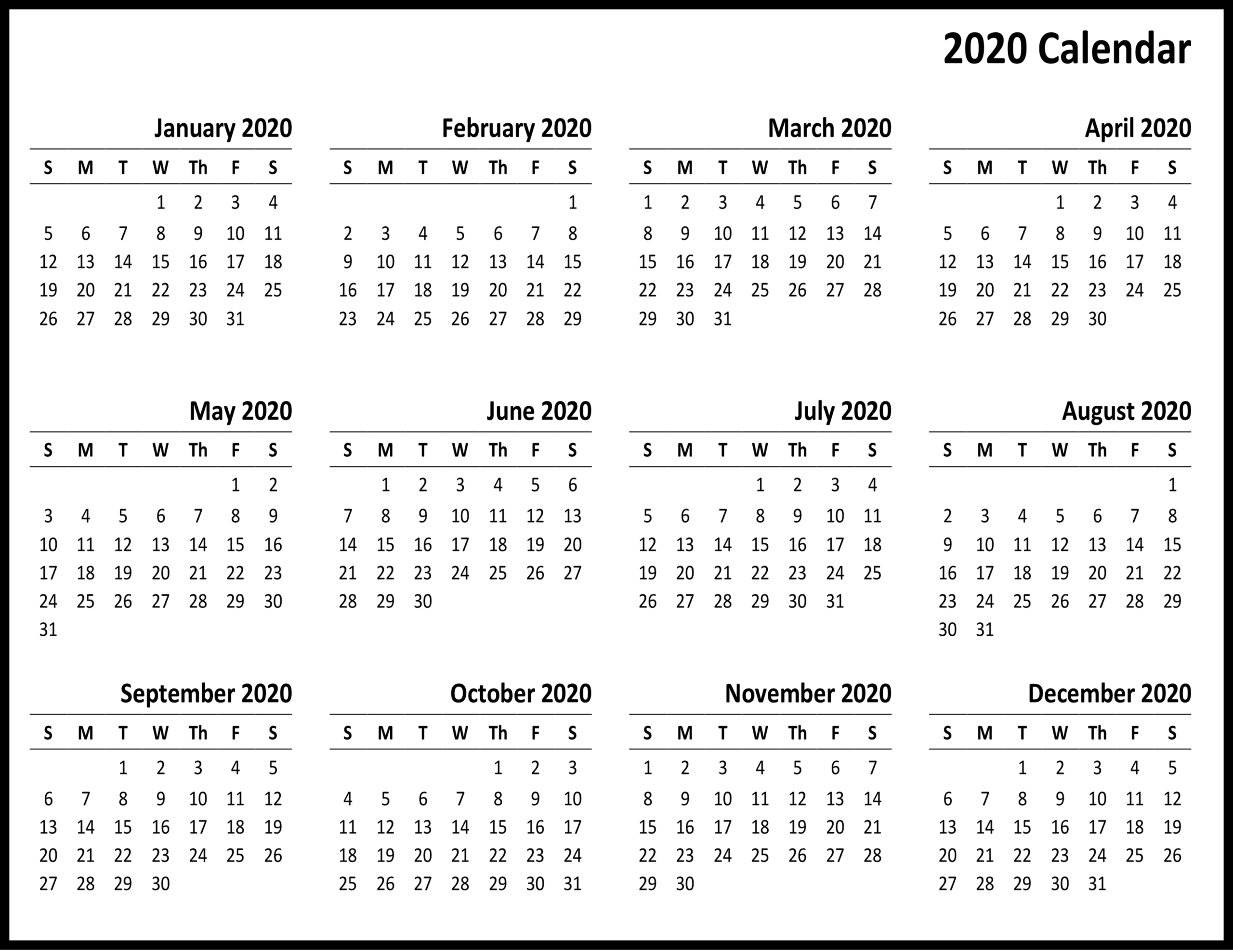 😄printable yearly calendar 2020 template with holidays