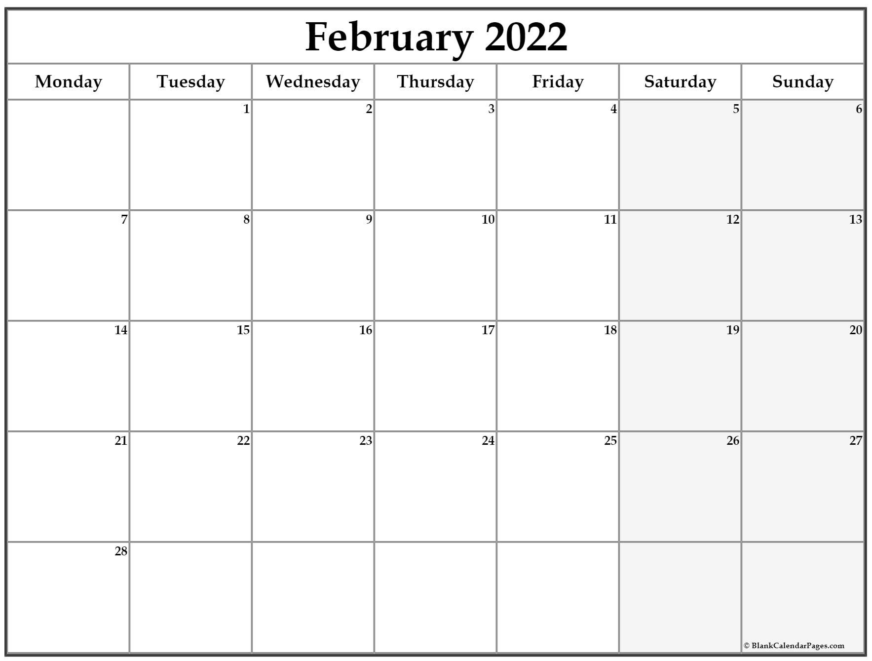 february 2022 monday calendar | monday to sunday