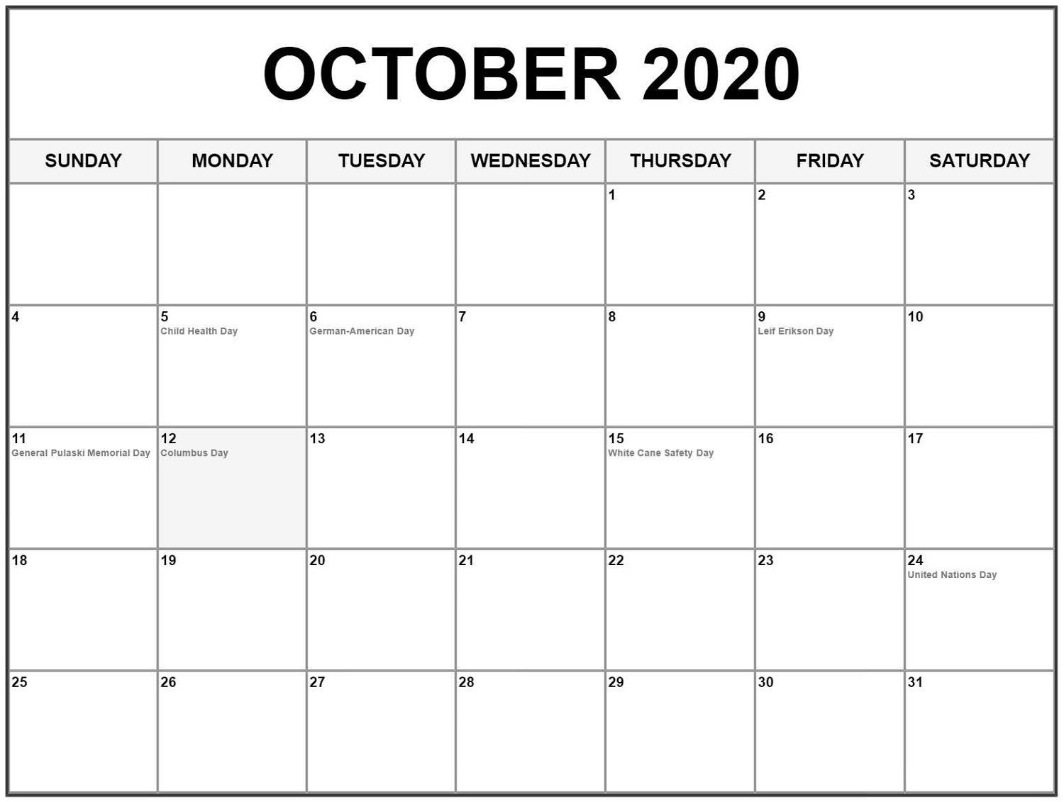 Fillable Calendar For October 2020 Printable Editable