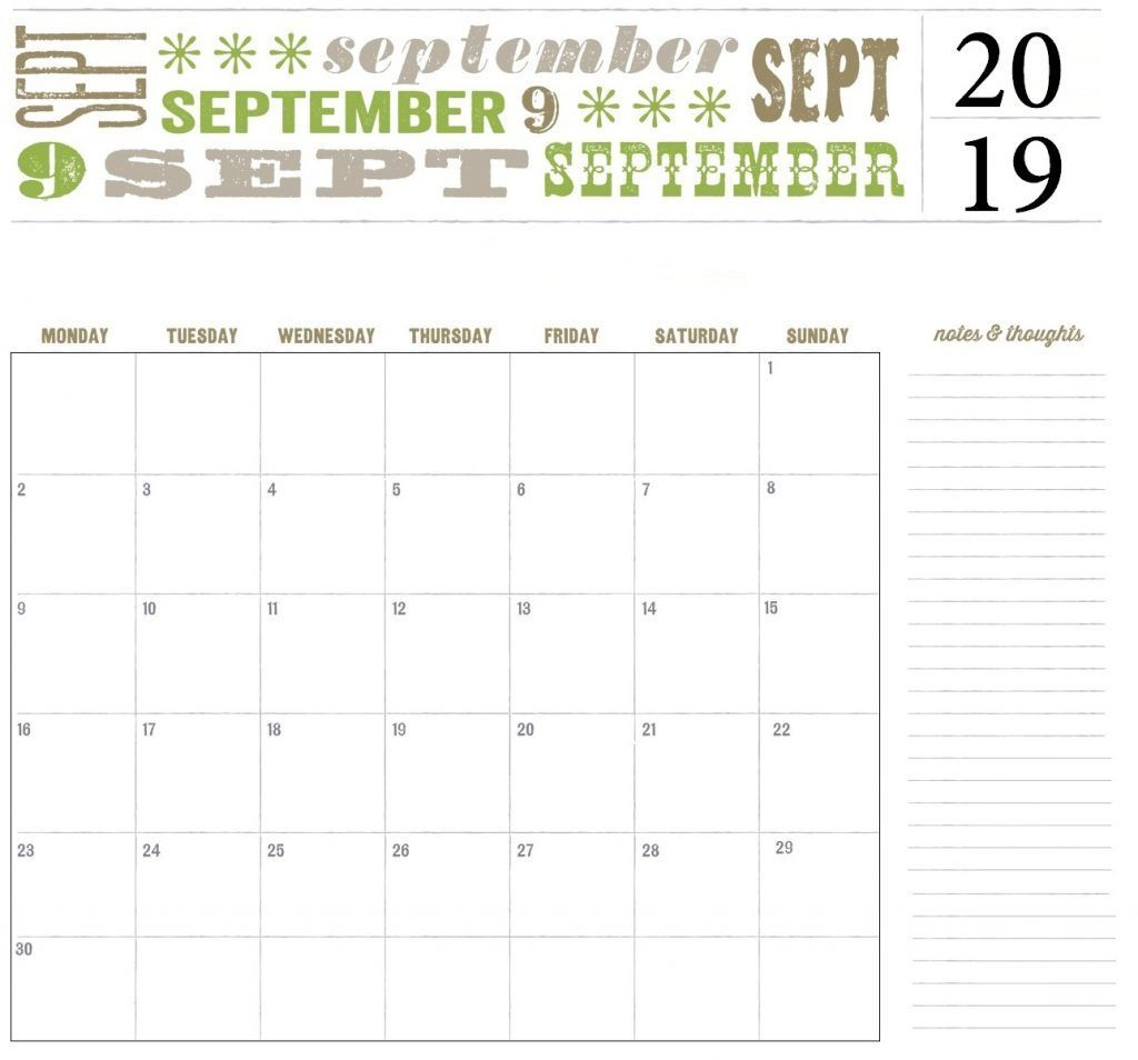 Fillable Calendar For September 2019 Printable Notes With
