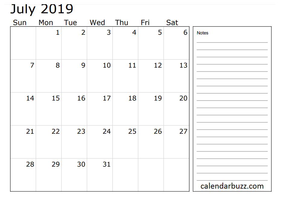 Fillable July 2019 Calendar With Large Space Notes | July