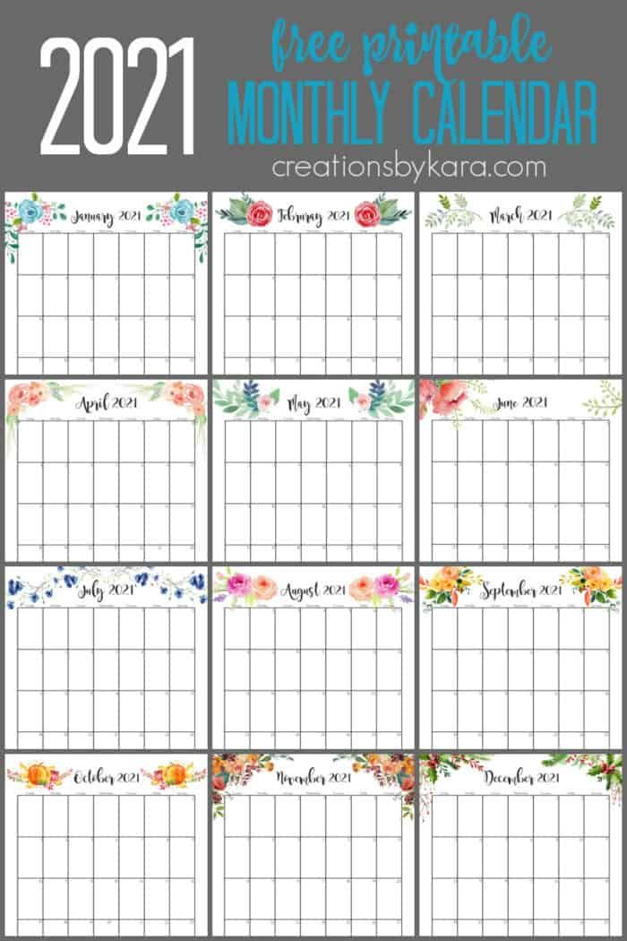 floral monthly 2021 calendar printable creationskara