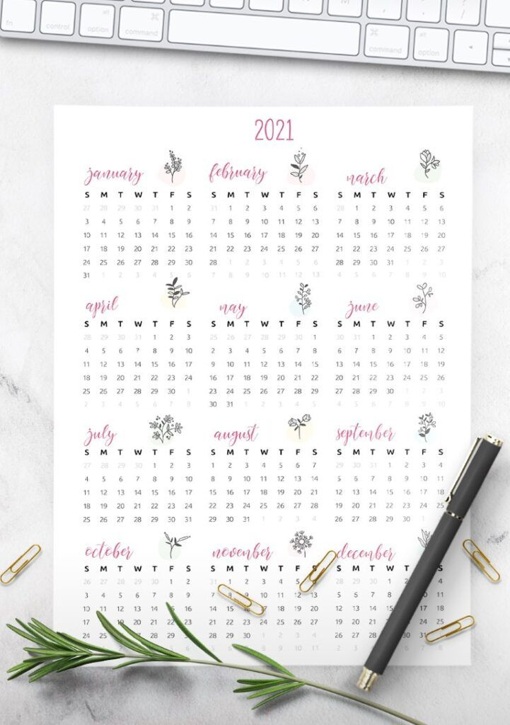 Floral One Page Calendar 2021 Printable World Of Printables