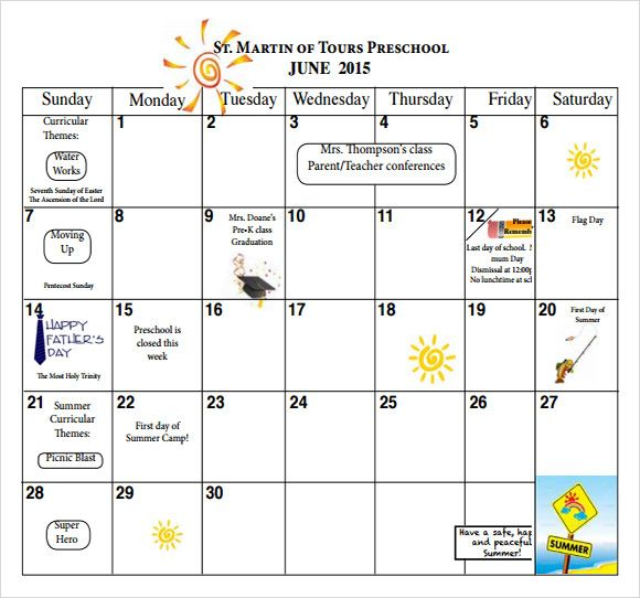 free 15 sample preschool calendar templates in google