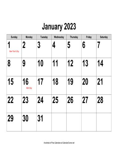 free 2023 large number calendar, landscape with holidays