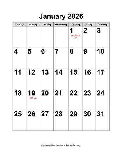 free 2026 large number calendar with holidays