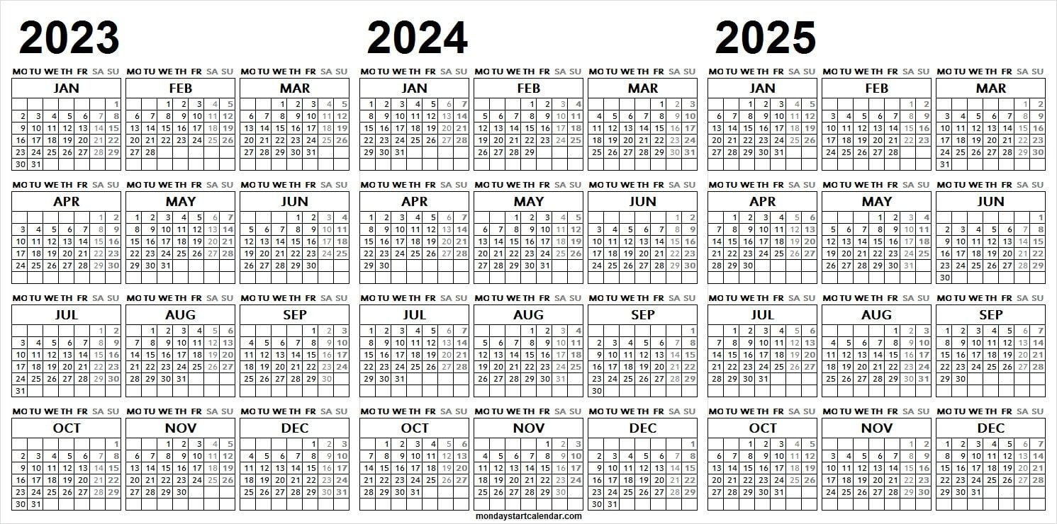 free calendar 2023 2024 2025 template | printable 3 year