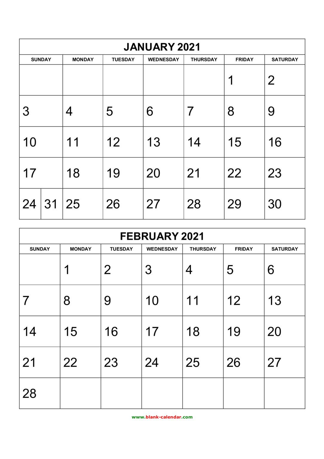 Free Download Printable Calendar 2021, 2 Months Per Page