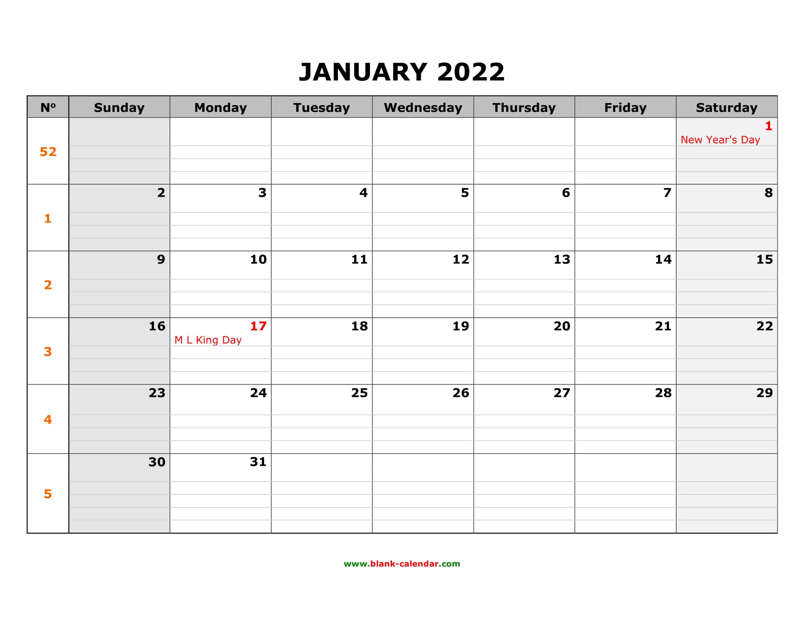 Free Download Printable Calendar 2022, Large Box Grid
