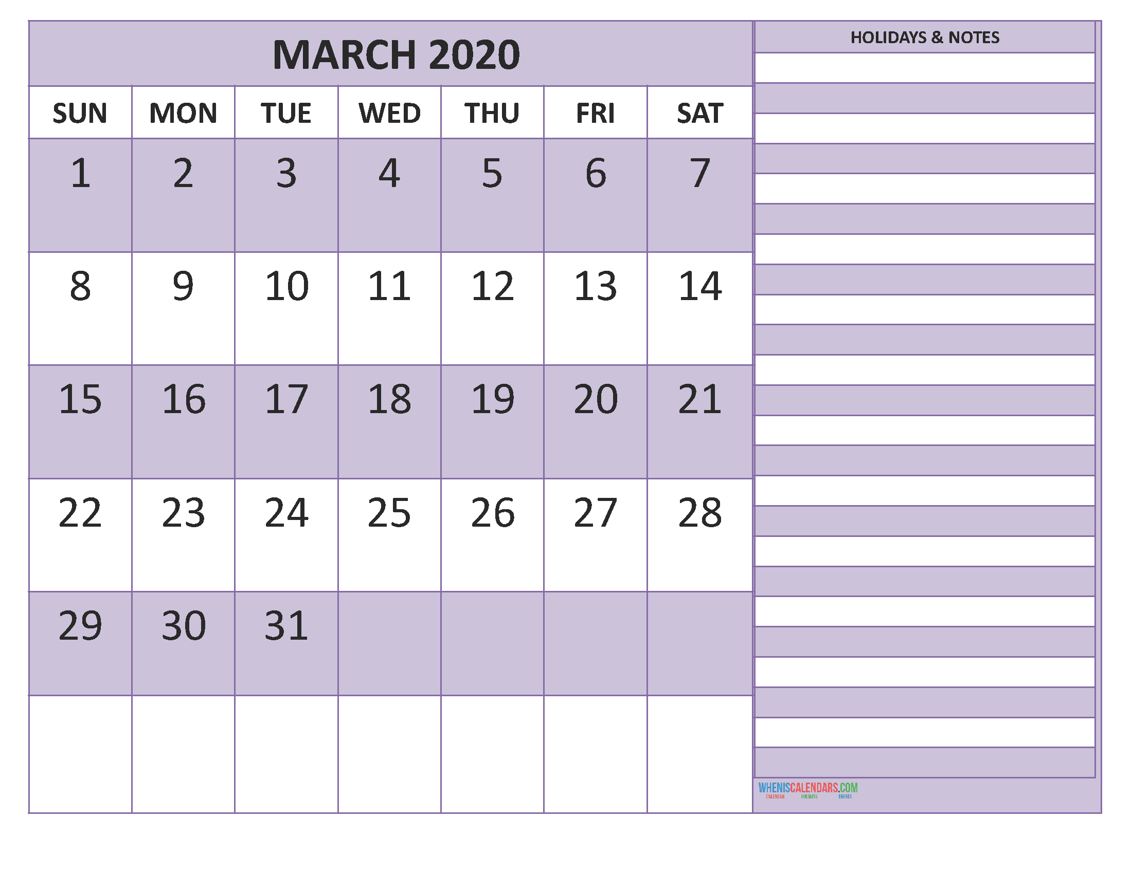 Free March 2020 Monthly Calendar Template Word Free