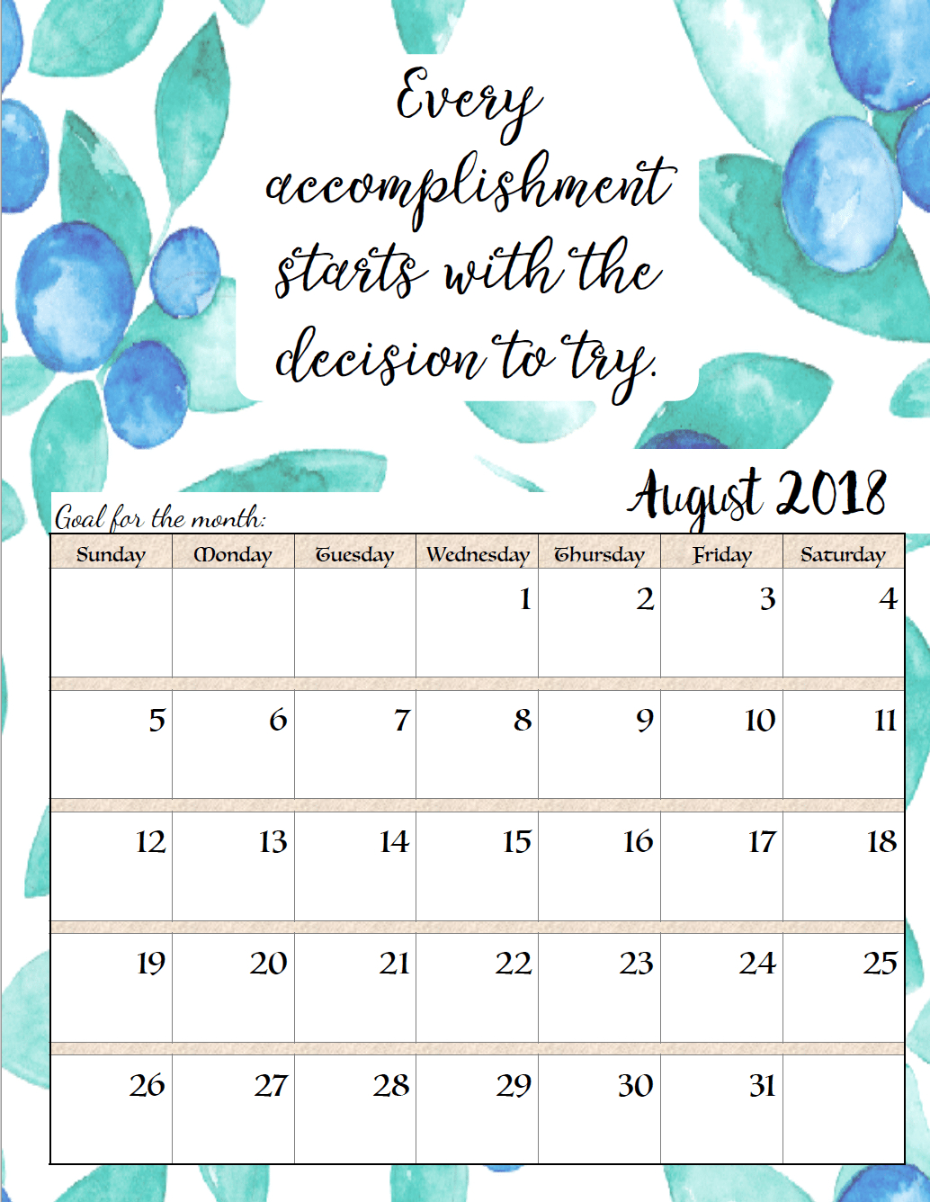 Free Printable 2018 Monthly Motivational Calendars Space