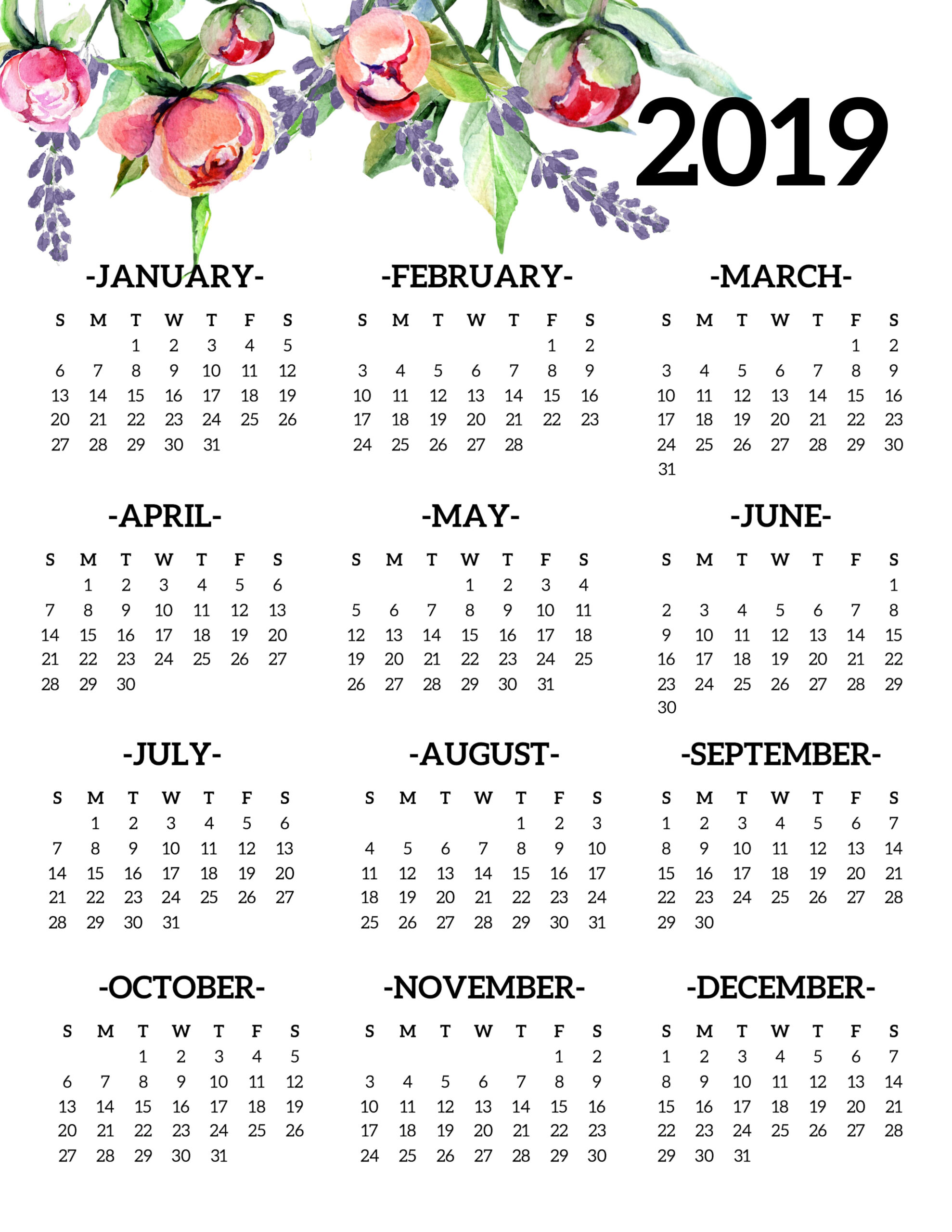 Free Printable 2019 Calendar Yearly One Page Floral