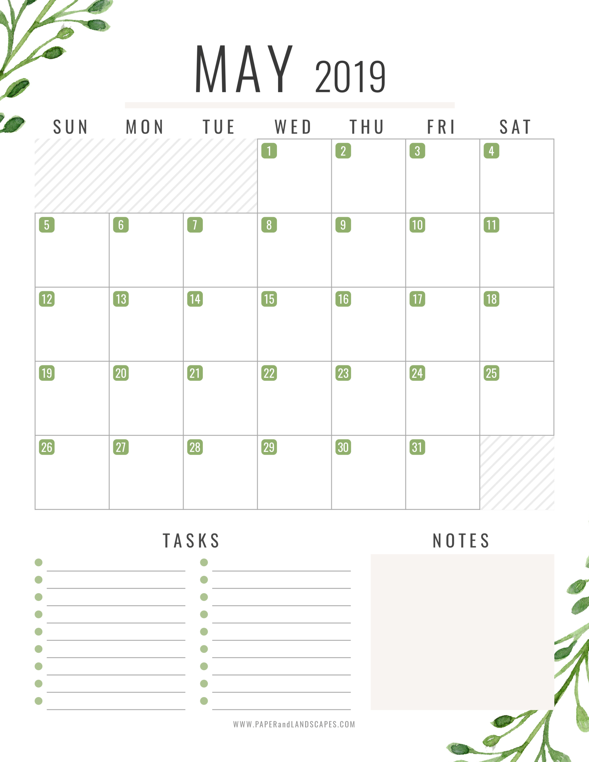 Free Printable 2019 Monthly Calendars May Paper And