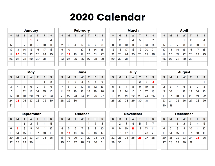Free Printable 2020 Calendar One Page Template | 12