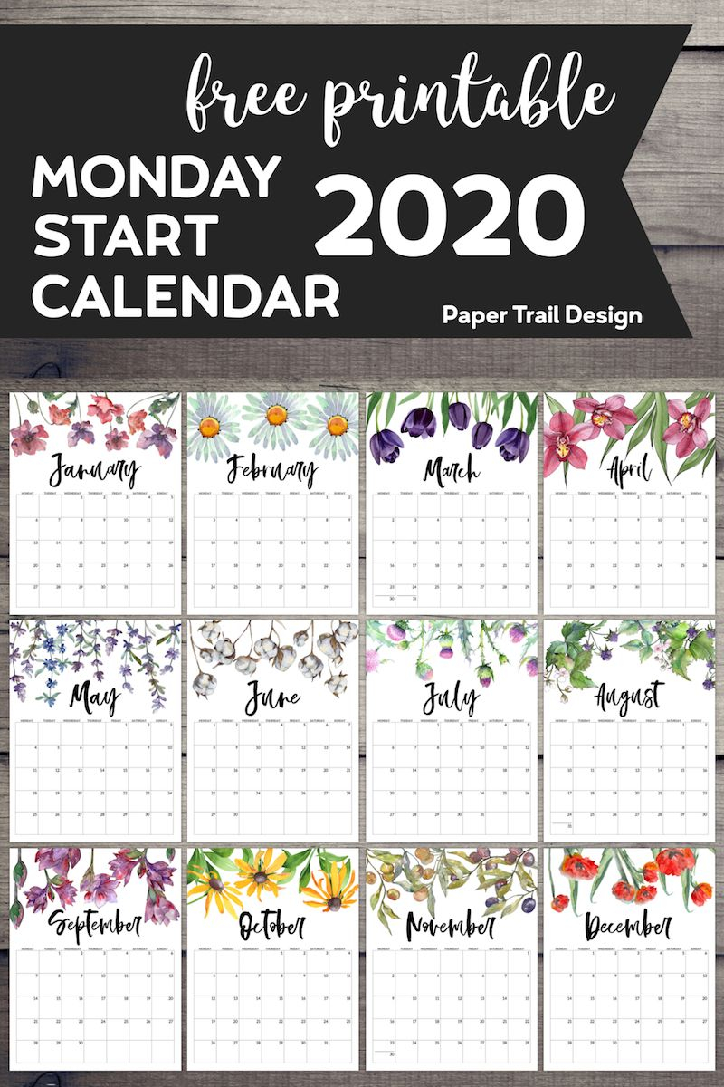 Free Printable 2020 Monday Start Calendar {floral} | Paper