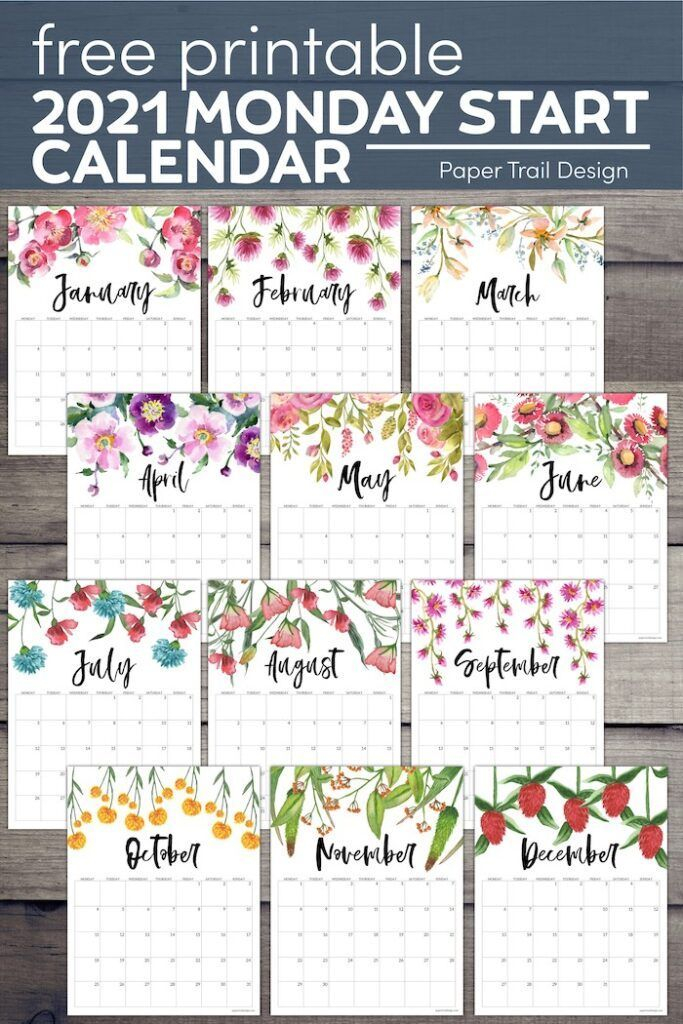 Free Printable 2021 Floral Calendar Monday Start | Paper