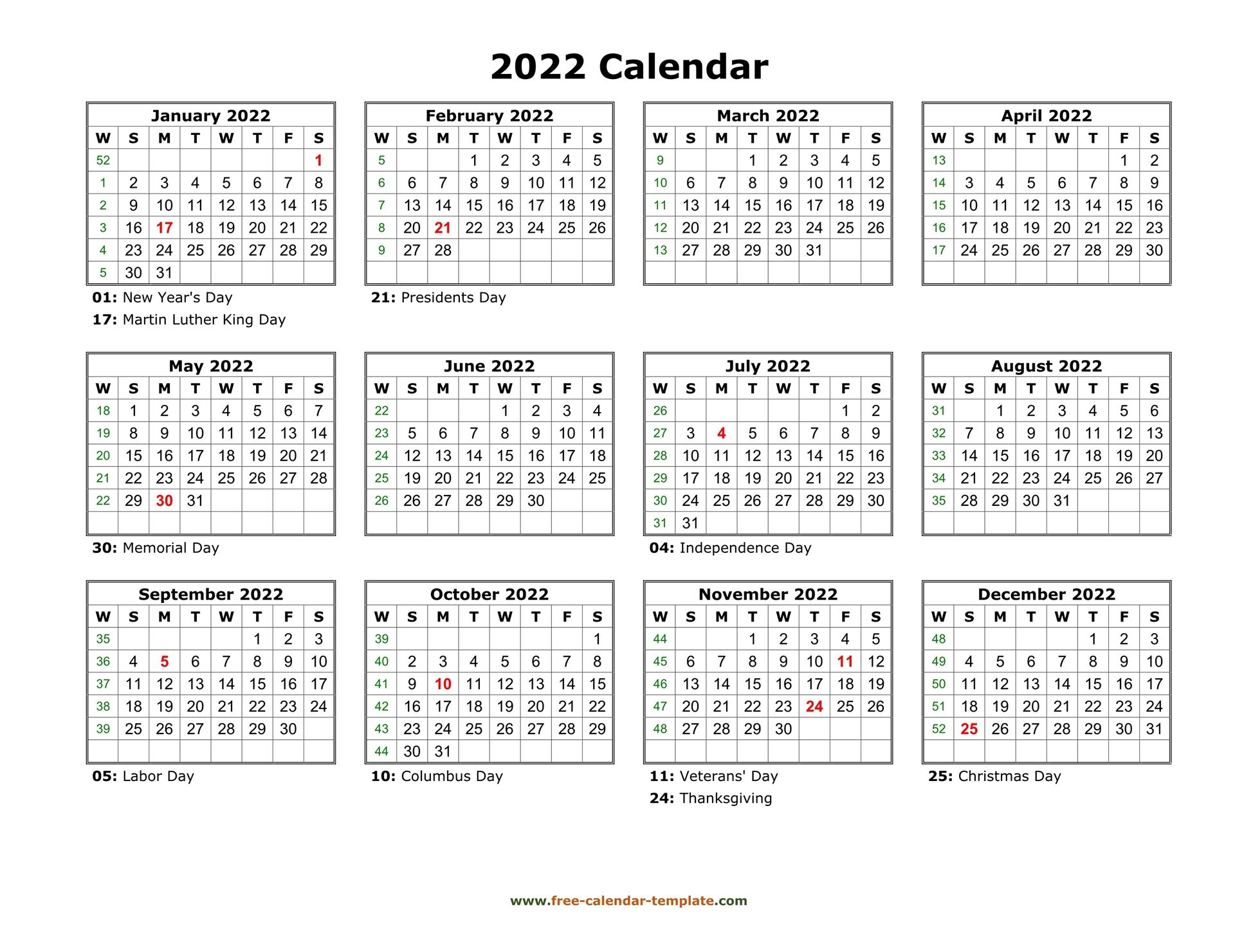 Free Printable 2022 Calendar With Holidays Without