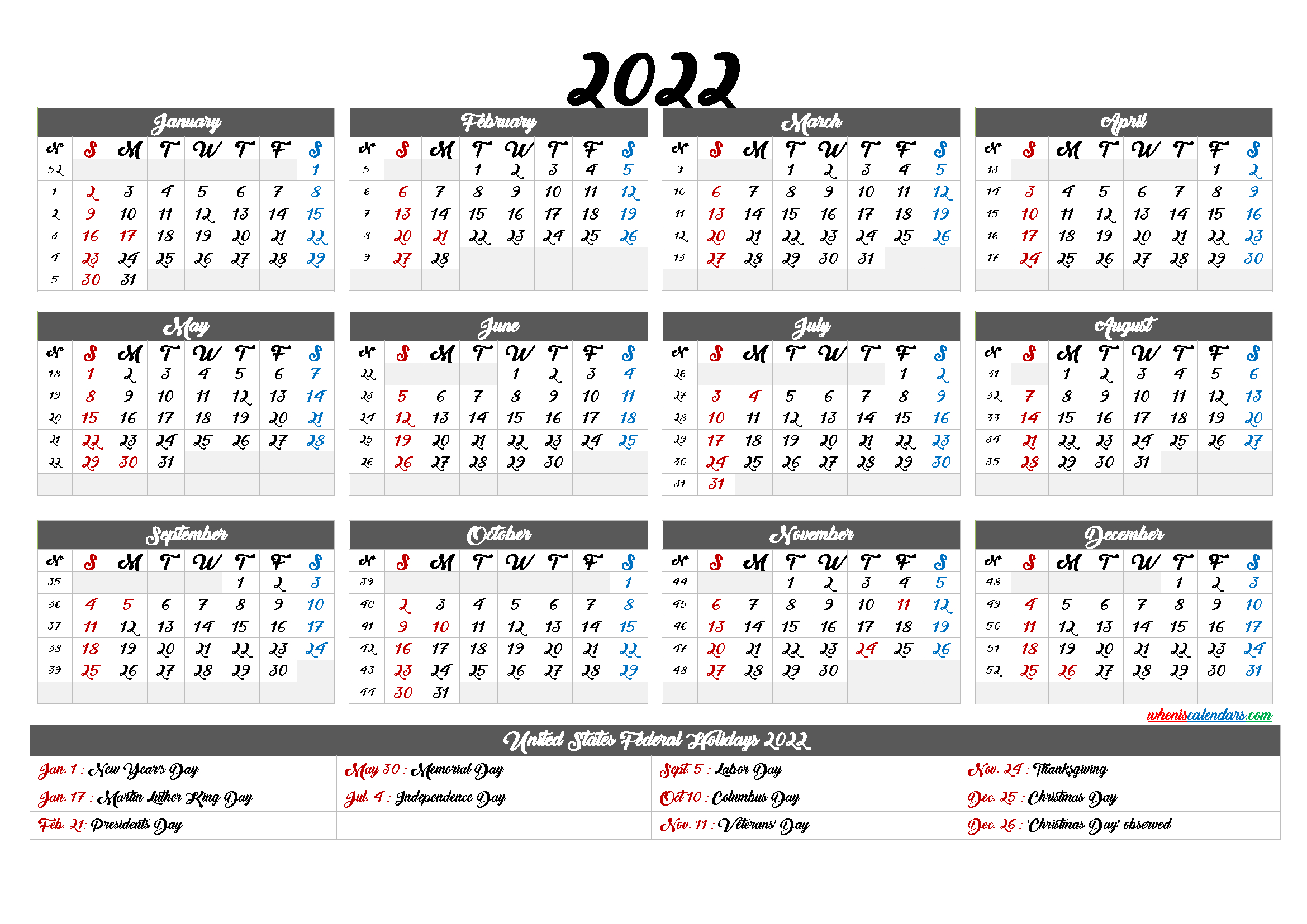 Free Printable 2022 Yearly Calendar With Holidays 6