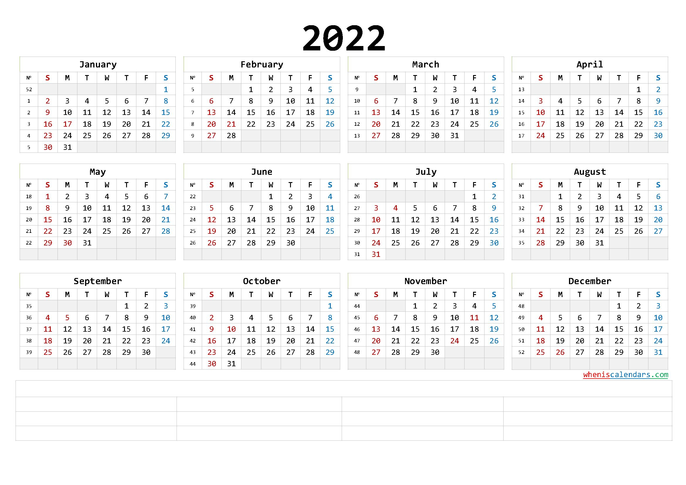 Free Printable 2022 Yearly Calendar With Week Numbers