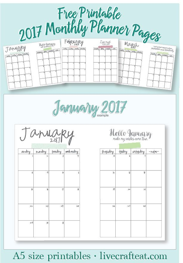 Free Printable A5 2017 Monthly Calendars | Planner Pages