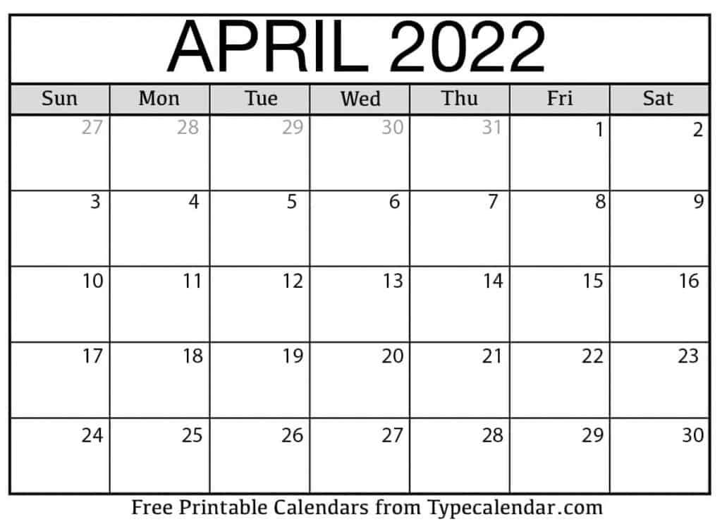 Free Printable April 2022 Calendars