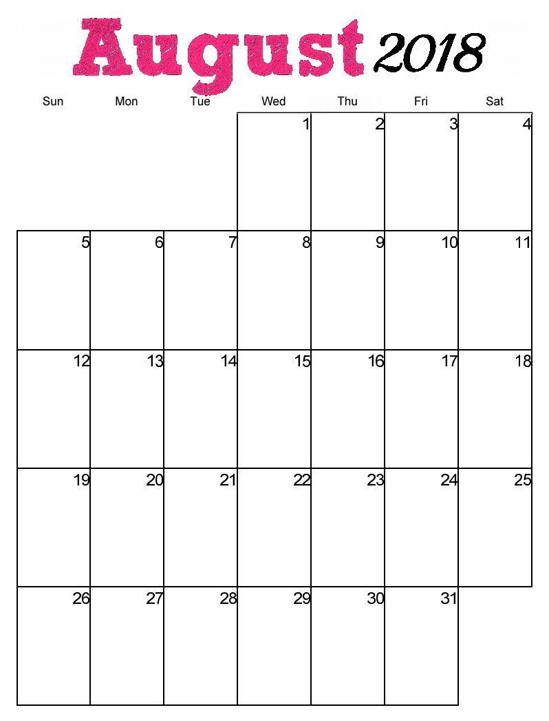 Free Printable August 2018 Vertical Calendar | Blank