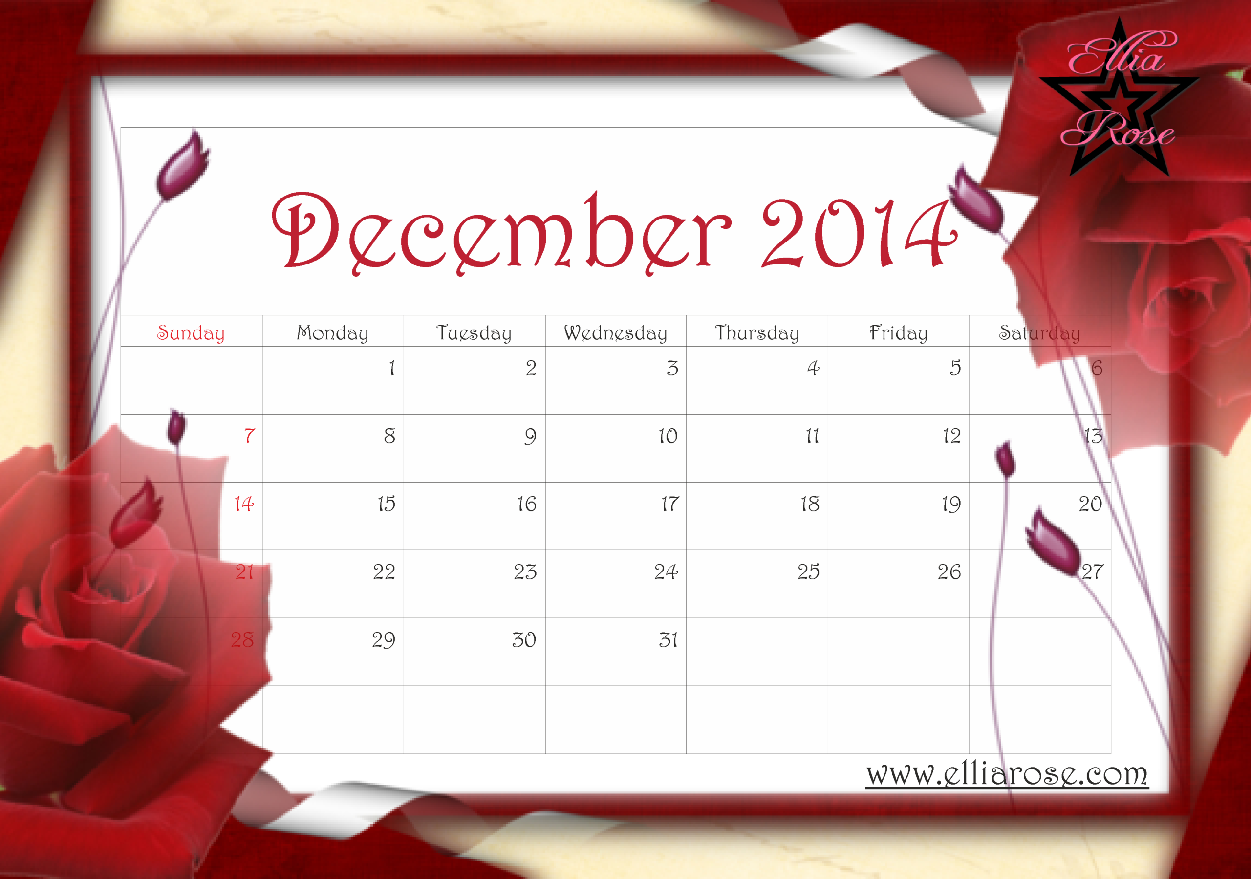 Free Printable Calendar December 2014 Ellia Rose