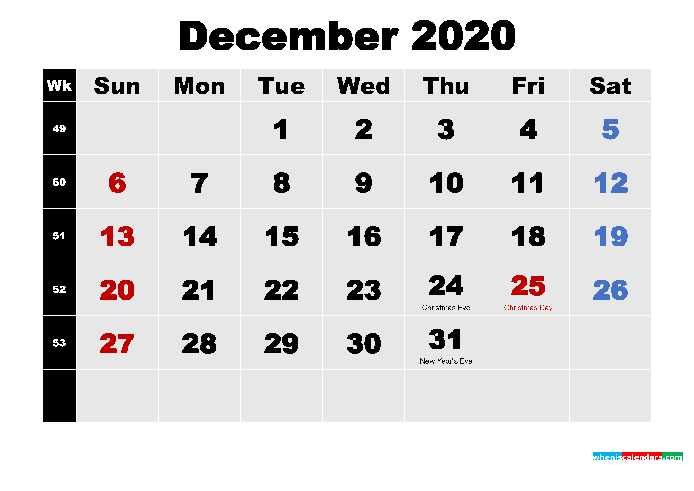 Free Printable December 2020 Calendar Word