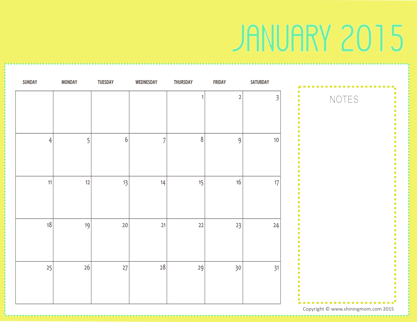 Free Printable January 2015 Calendars