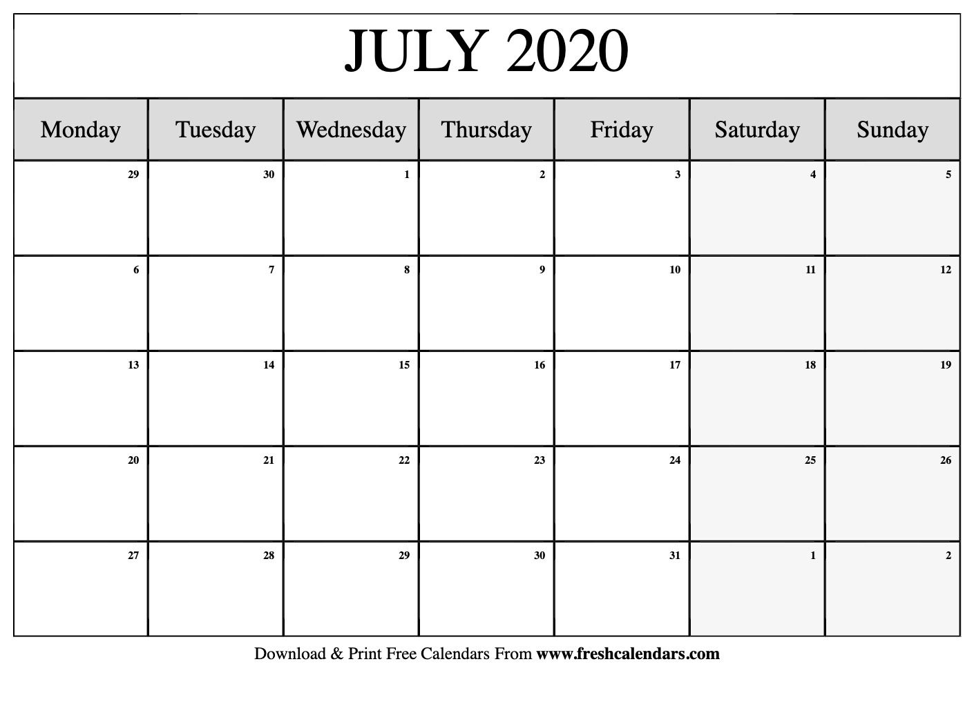 Free Printable July 2020 Calendars