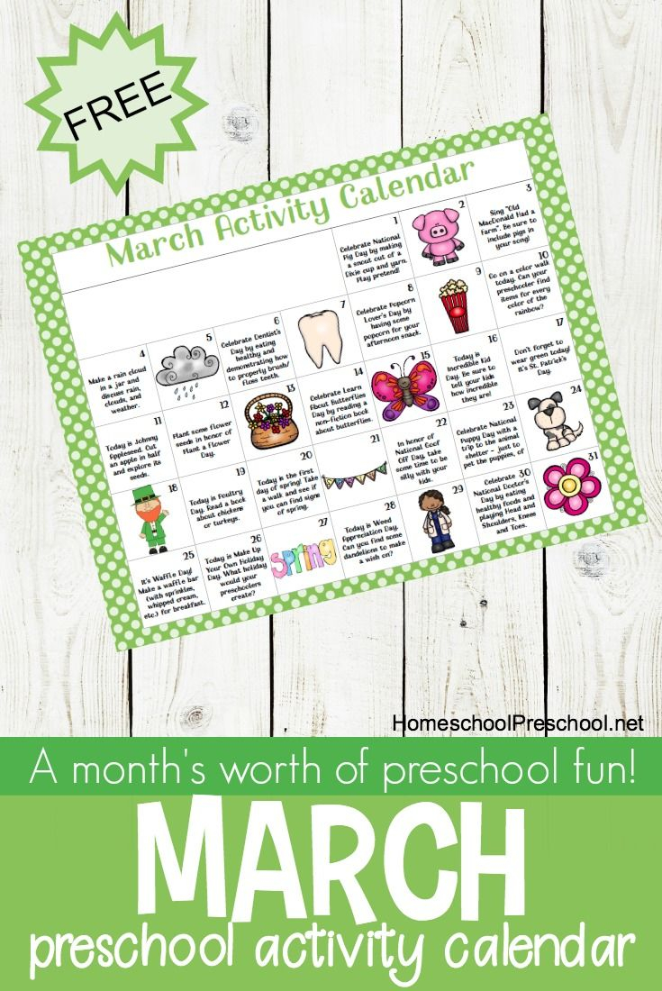 free printable march activity calendar for preschoolers