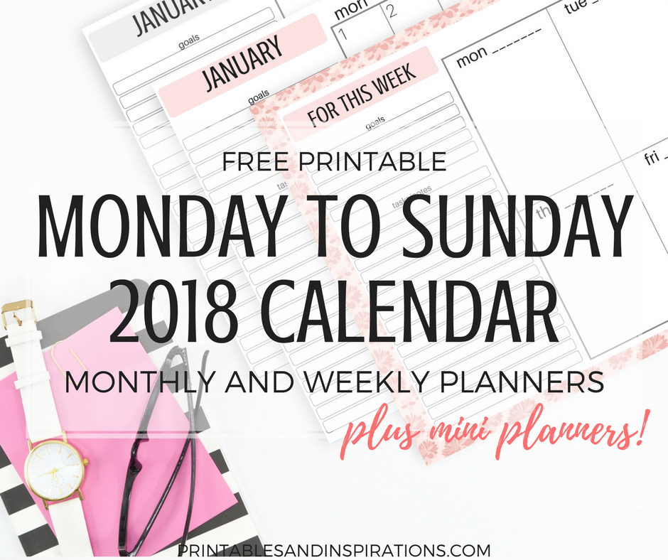 Free Printable Monday Calendar 2018 Week Starts On