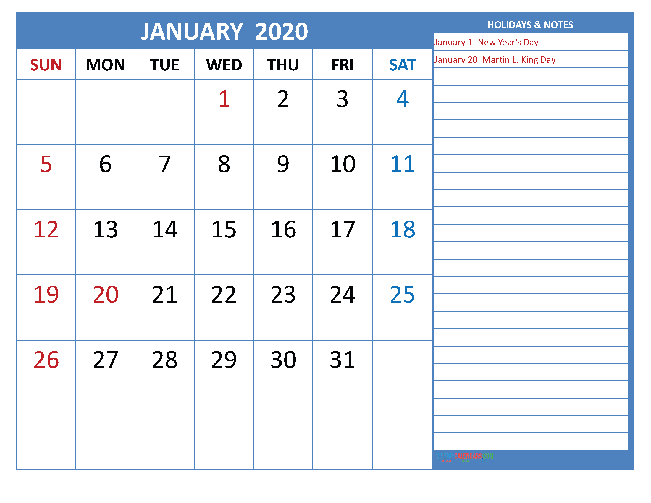 free printable monthly 2020 calendar with holidays january