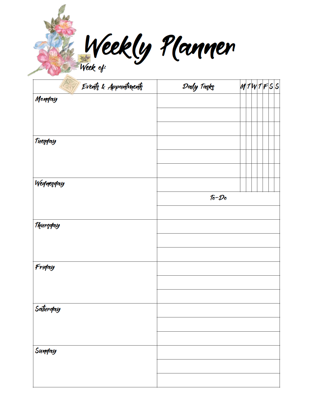 free printable weekly planners: monday start