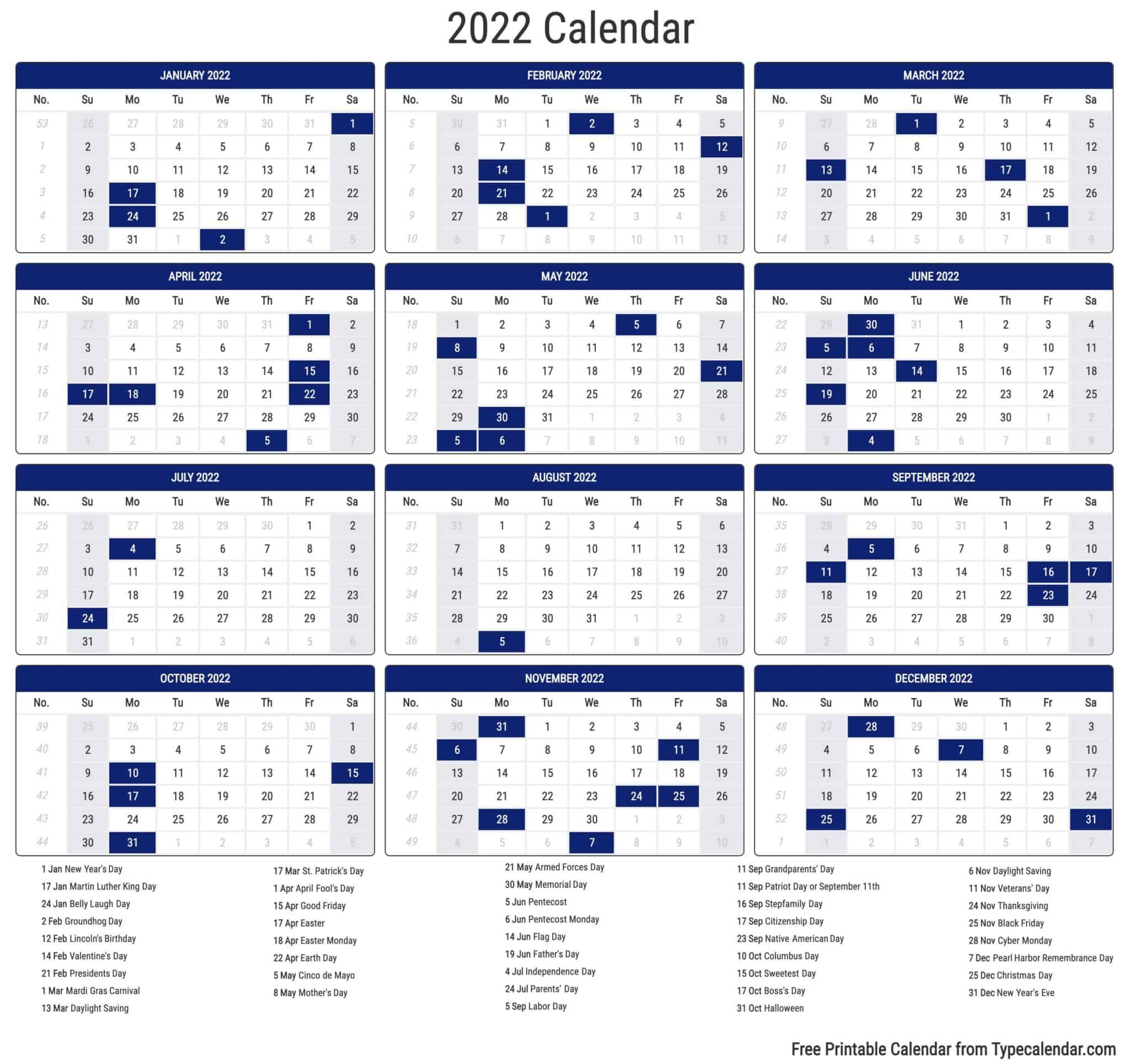 Free Printable Year 2022 Calendar | Type Calendar