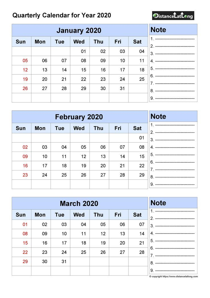Free Quarterly Printable Blank Calendar With Note For