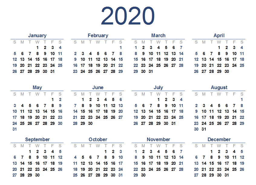 free yearly printable calendar 2020 with holidays